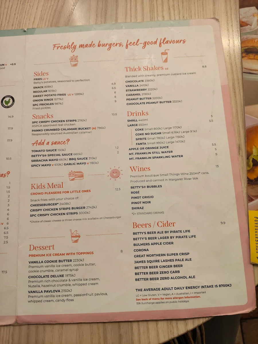 Menu, Betty's Burgers