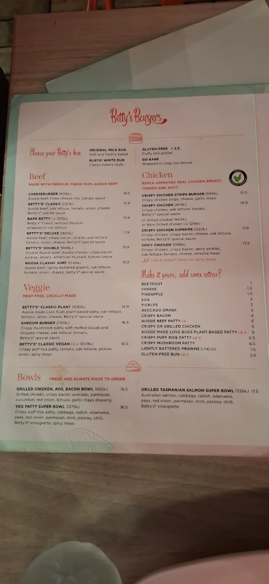 Menu, Betty's Burgers