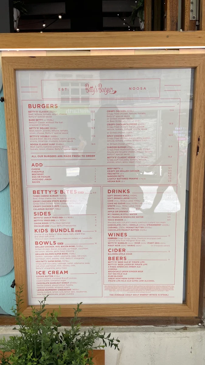 Menu, Betty's Burgers