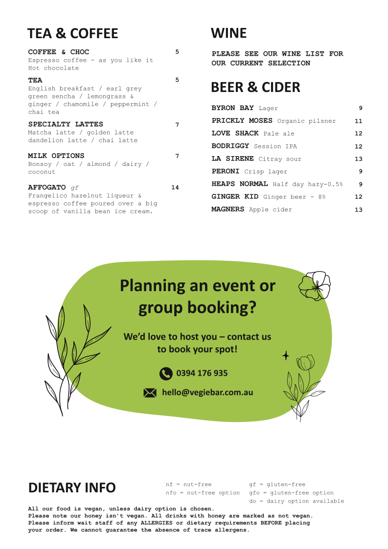 Menu, Vegie Bar