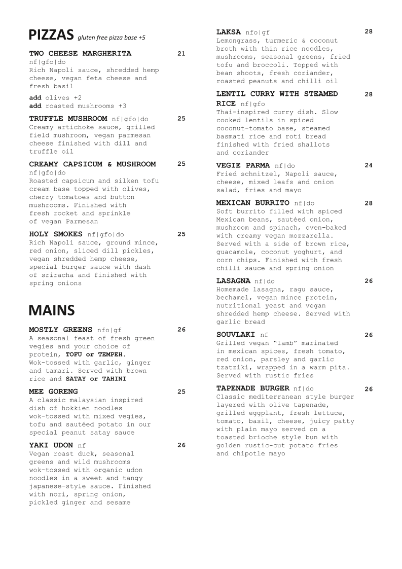Menu, Vegie Bar