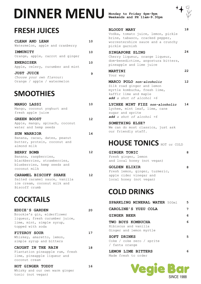 Menu, Vegie Bar