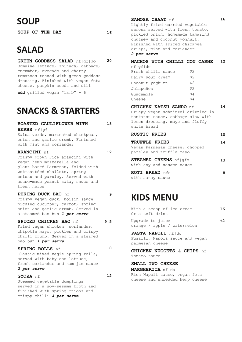 Menu, Vegie Bar