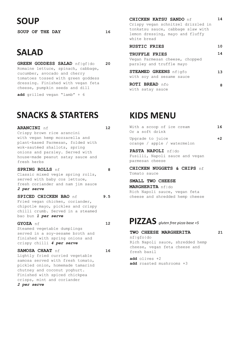 Menu, Vegie Bar