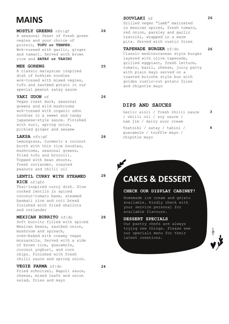 Menu, Vegie Bar