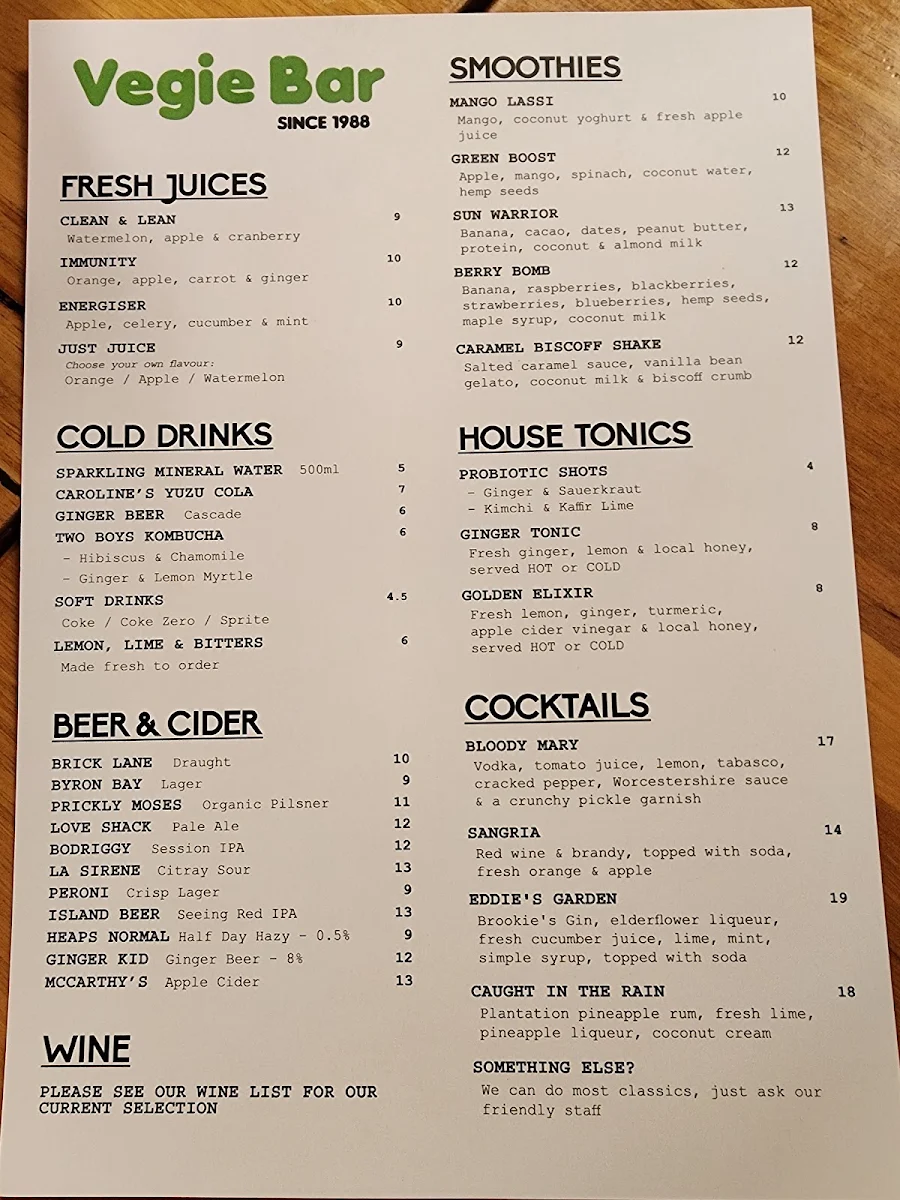 Menu, Vegie Bar