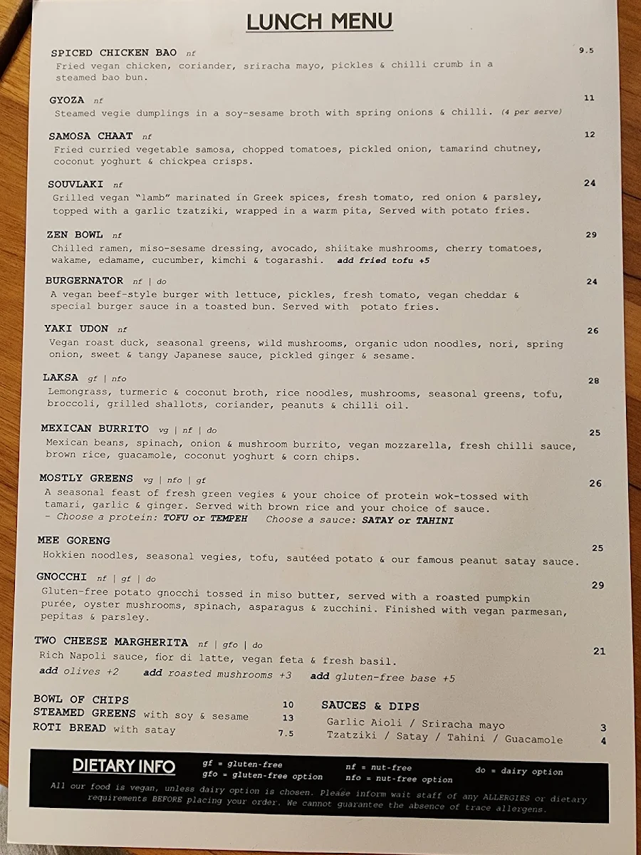 Menu, Vegie Bar