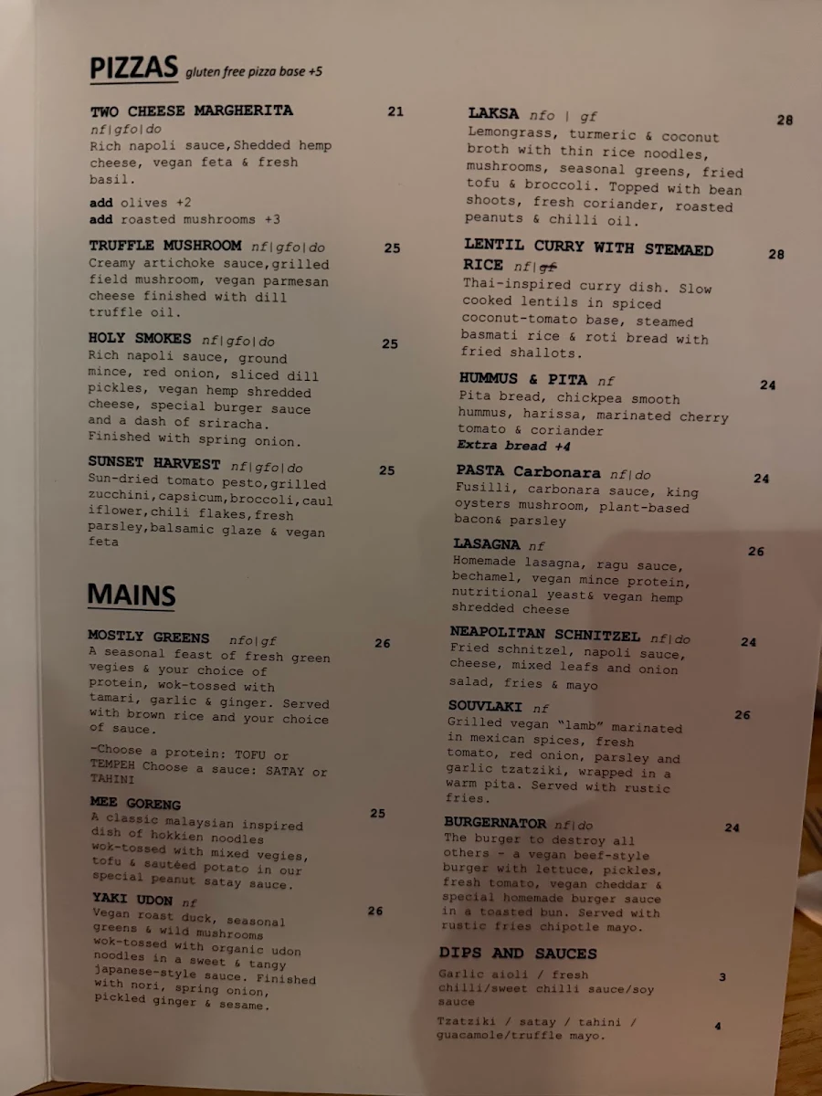 Menu, Vegie Bar