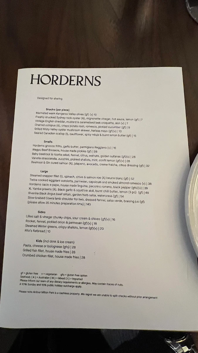 Menu, Horderns at Milton Park