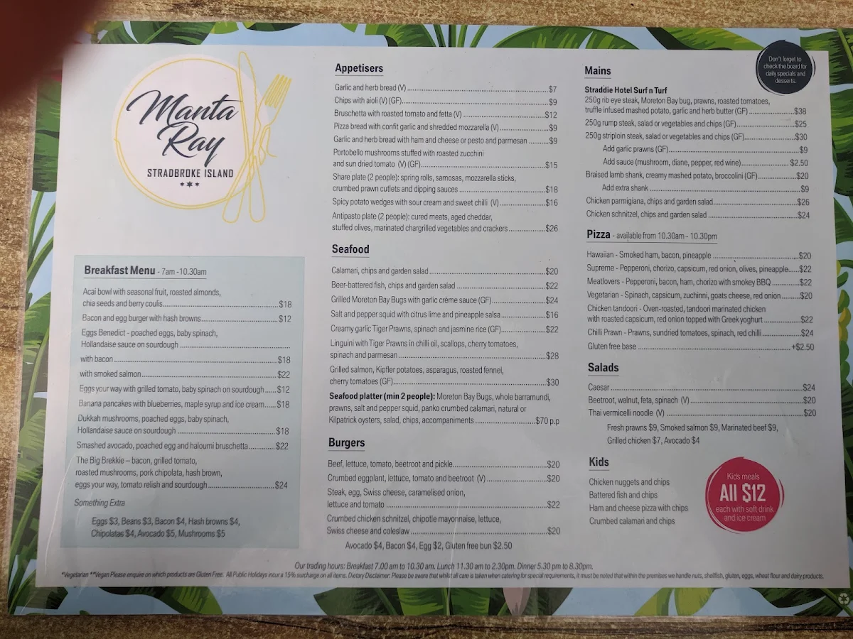 Menu, Manta Ray Bistro