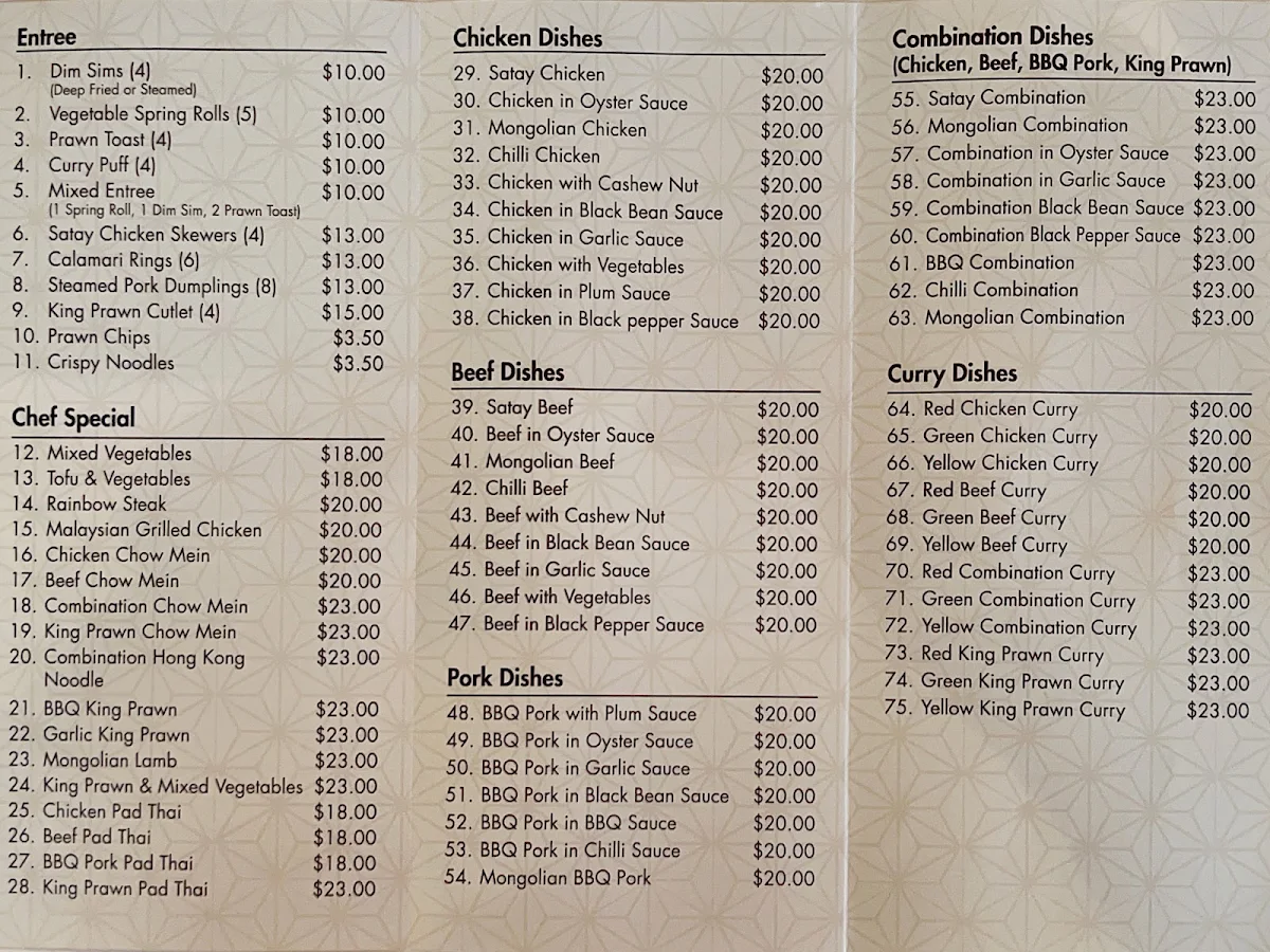 Menu, Wamberal Asian Noodle Bar & Takeaway