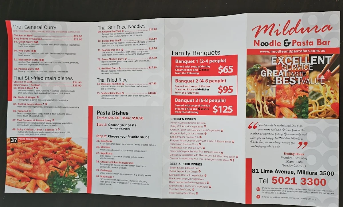 Menu, Mildura Noodle & Pasta Bar