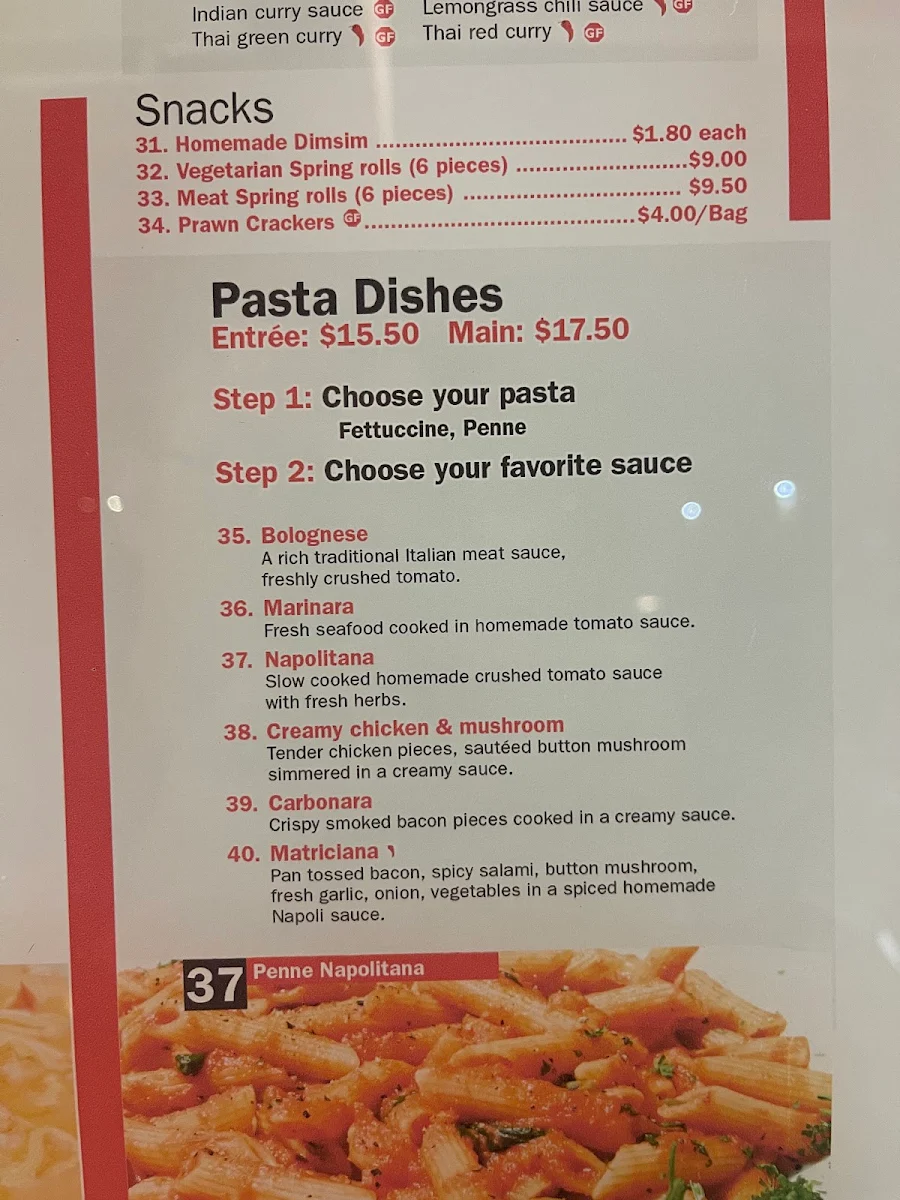 Menu, Mildura Noodle & Pasta Bar
