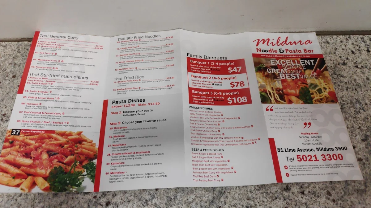 Menu, Mildura Noodle & Pasta Bar