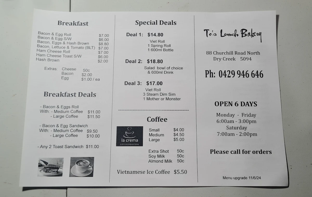 Menu, To's Lunch Bakery