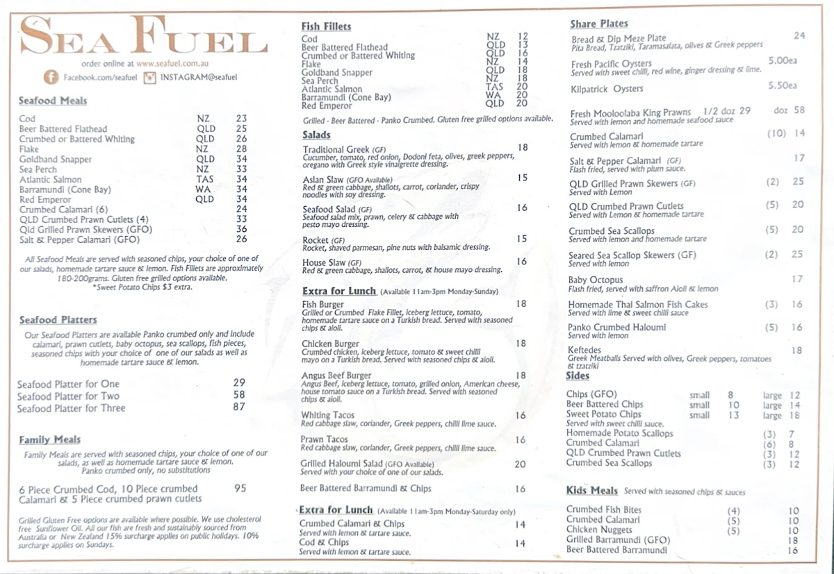 Menu, Sea Fuel West End (DINE-IN AND TAKEAWAY)