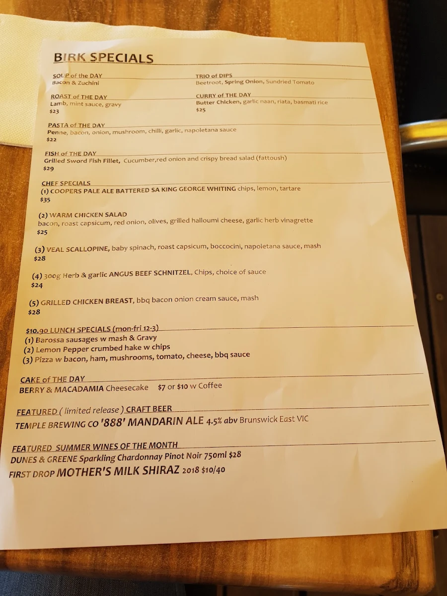 Menu, The Birkenhead Tavern