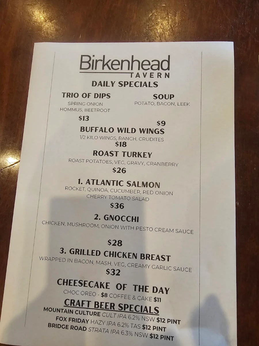 Menu, The Birkenhead Tavern