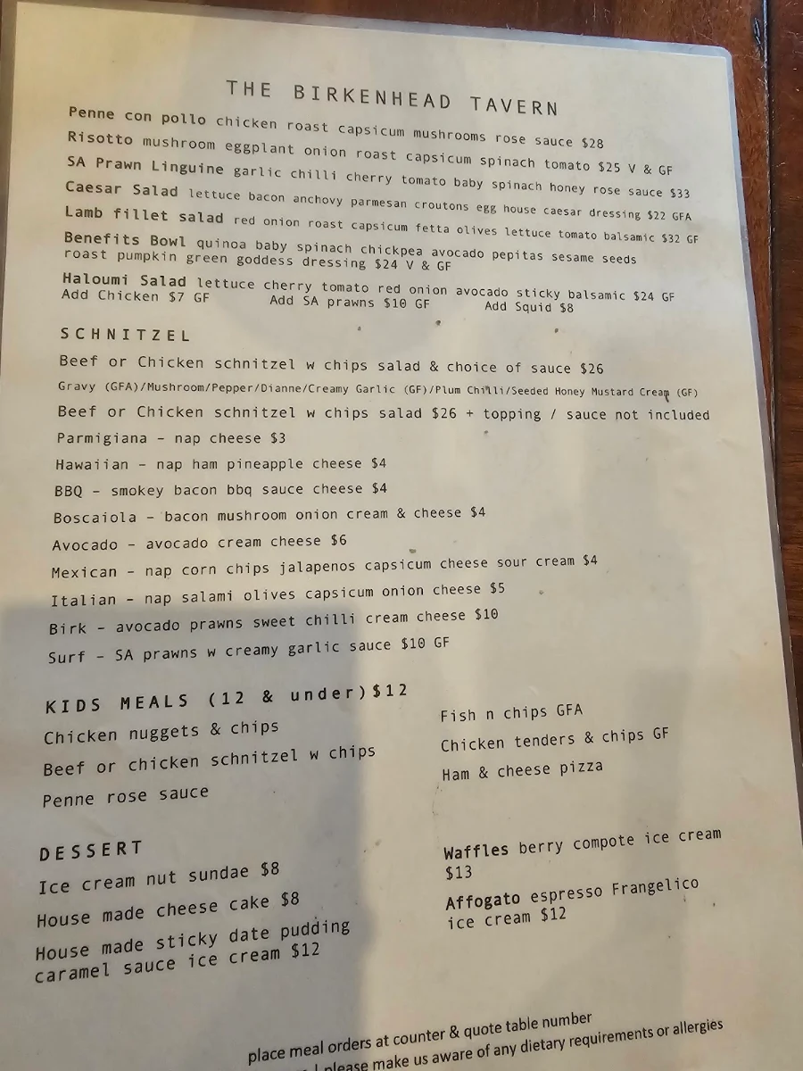 Menu, The Birkenhead Tavern