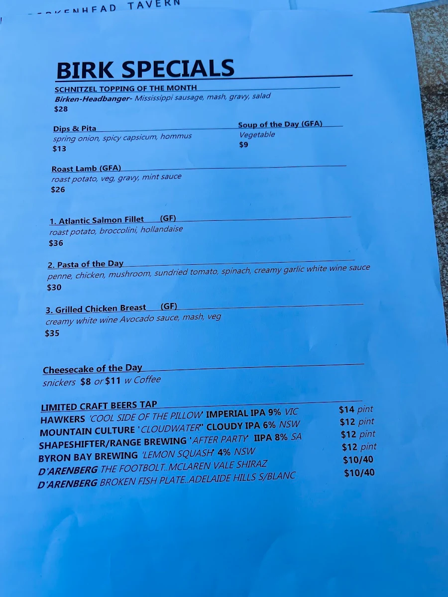 Menu, The Birkenhead Tavern