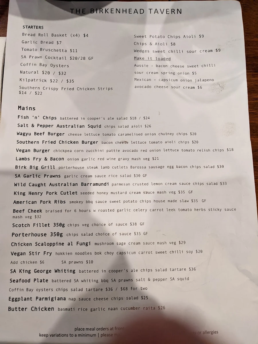 Menu, The Birkenhead Tavern
