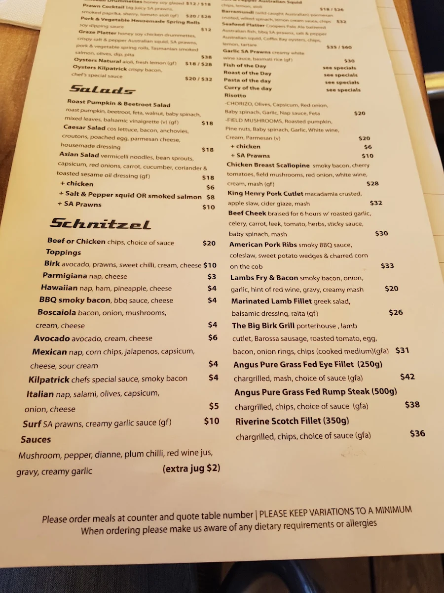 Menu, The Birkenhead Tavern