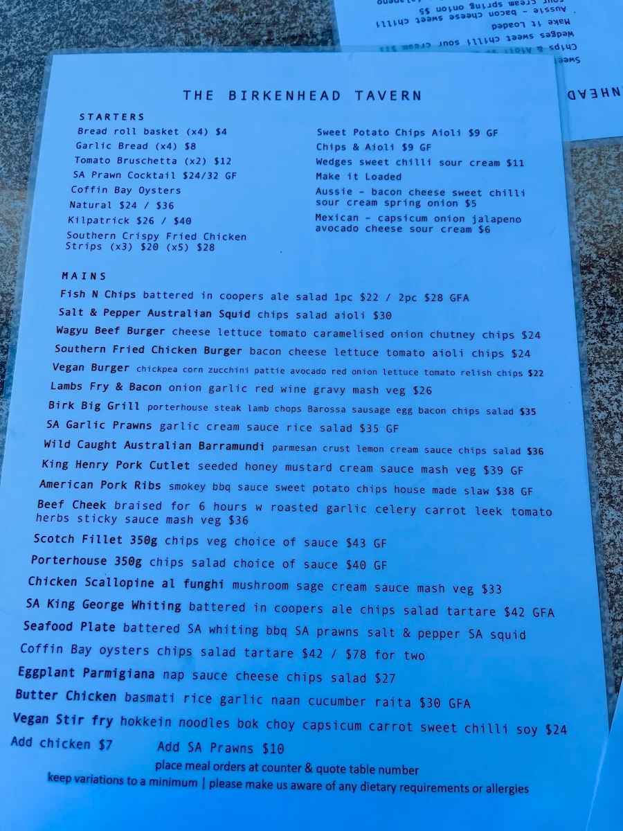Menu, The Birkenhead Tavern