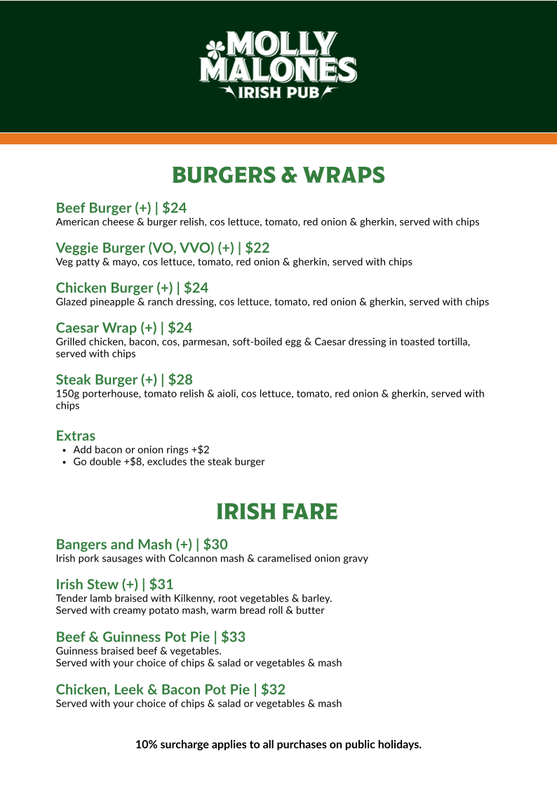 Menu, Molly Malones Irish Pub