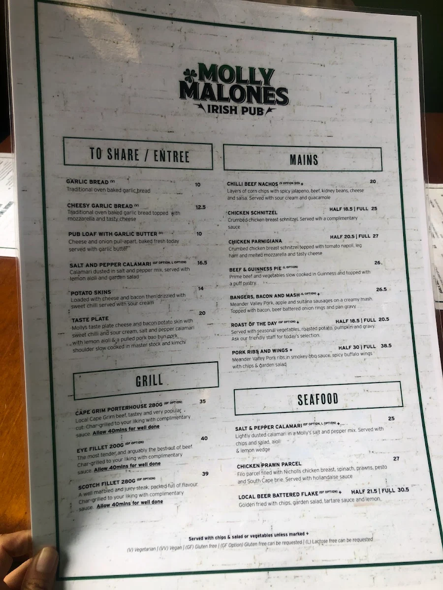 Menu, Molly Malones Irish Pub