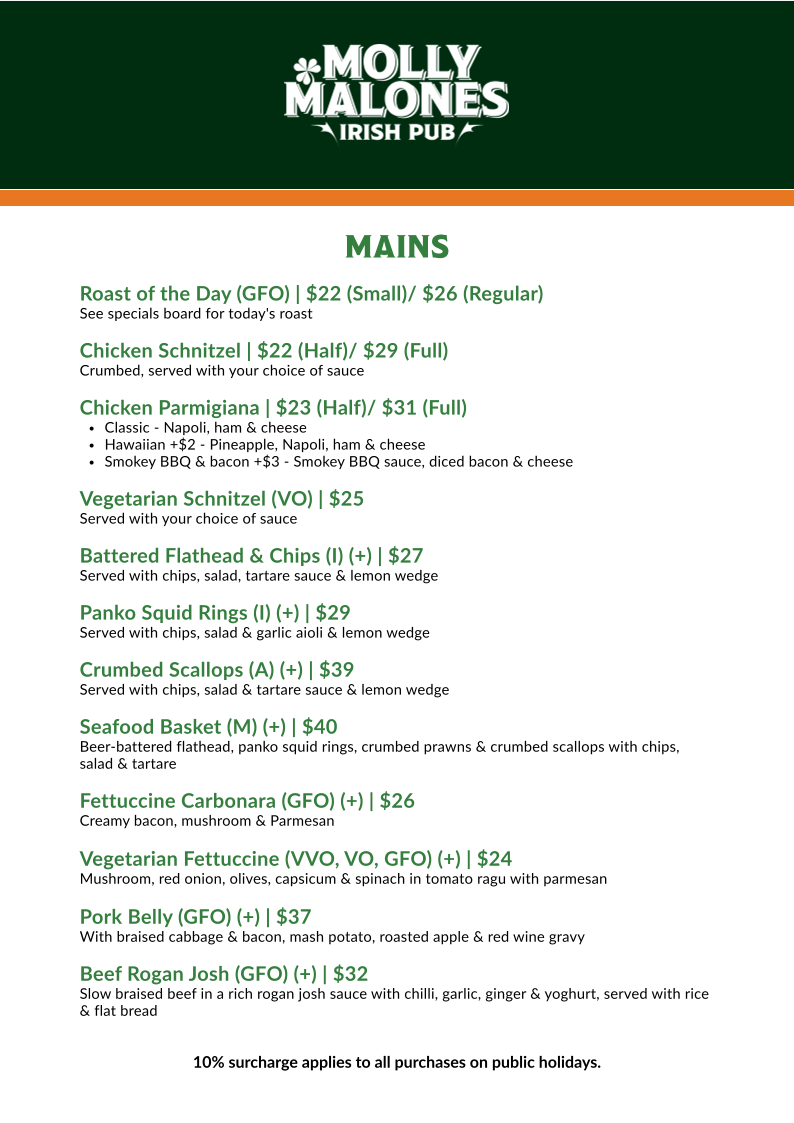Menu, Molly Malones Irish Pub