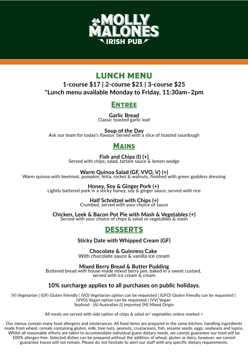 Menu, Molly Malones Irish Pub