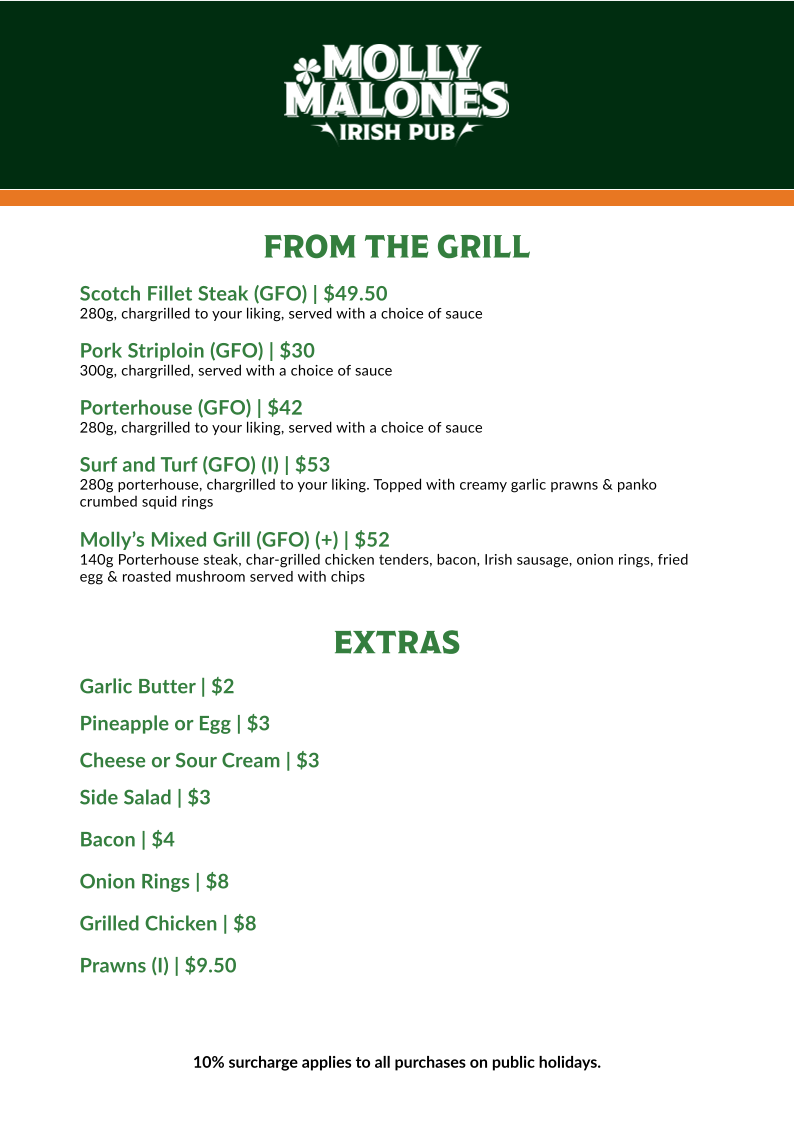 Menu, Molly Malones Irish Pub
