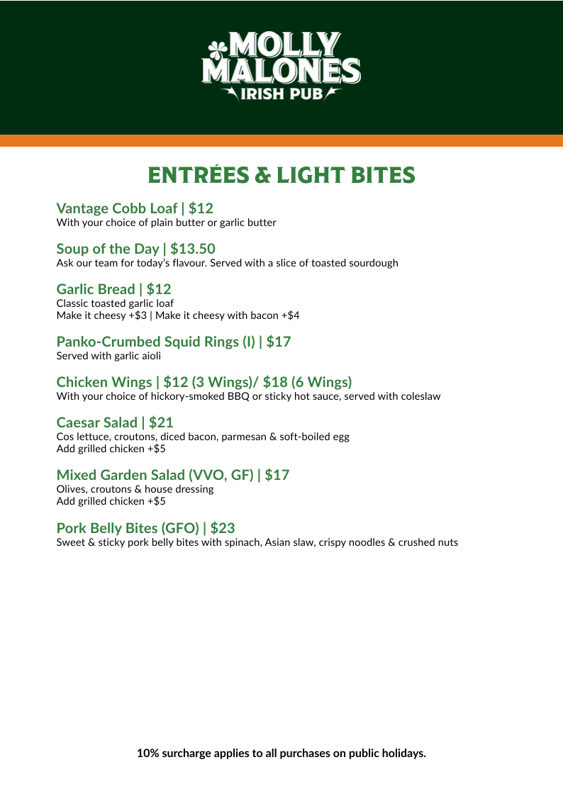 Menu, Molly Malones Irish Pub