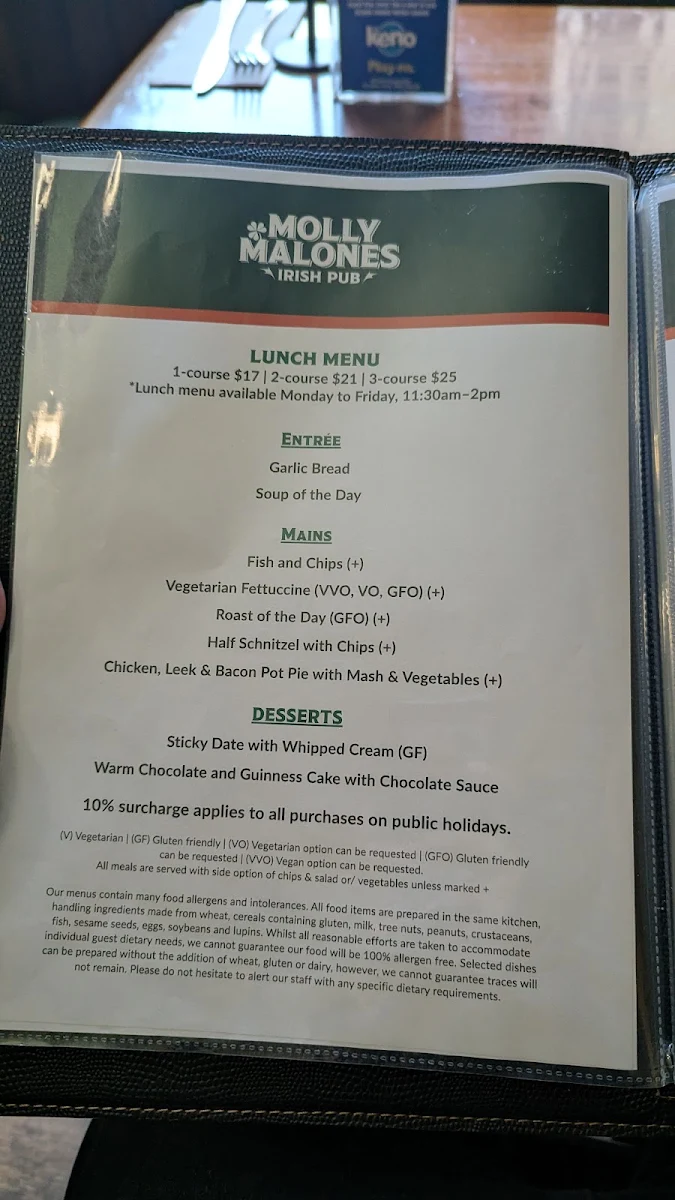 Menu, Molly Malones Irish Pub