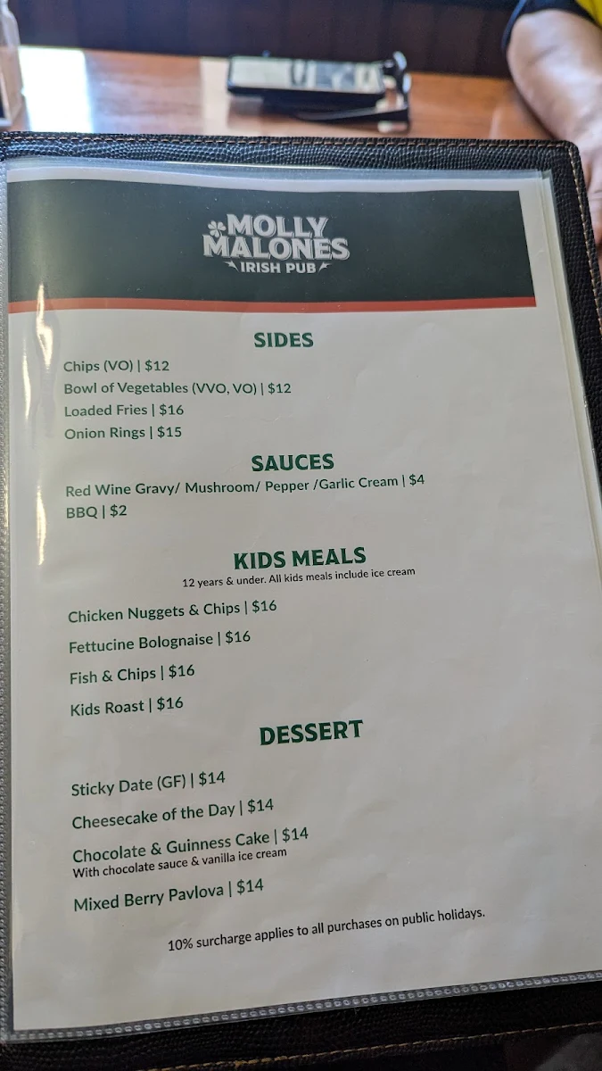 Menu, Molly Malones Irish Pub