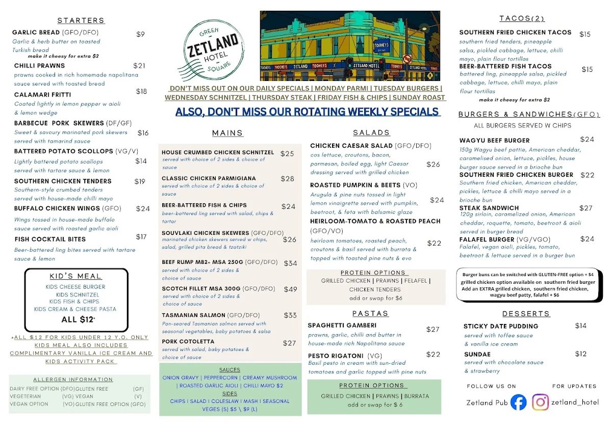 Menu, Zetland Hotel