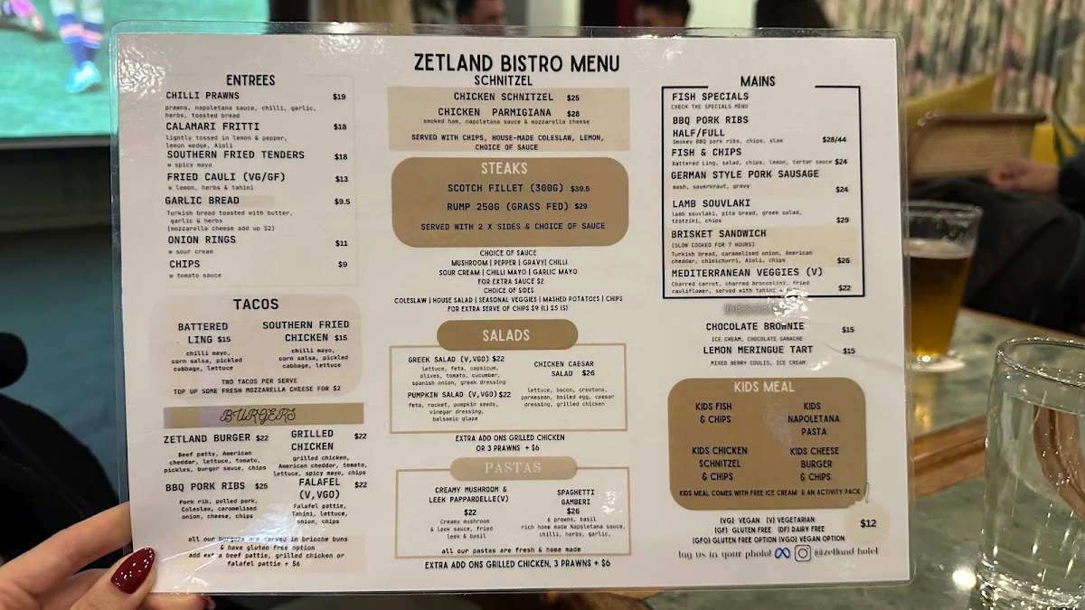 Menu, Zetland Hotel