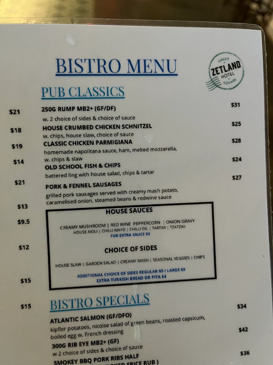 Menu, Zetland Hotel
