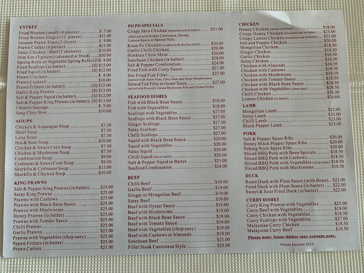 Menu, Popo Chinese Restaurant