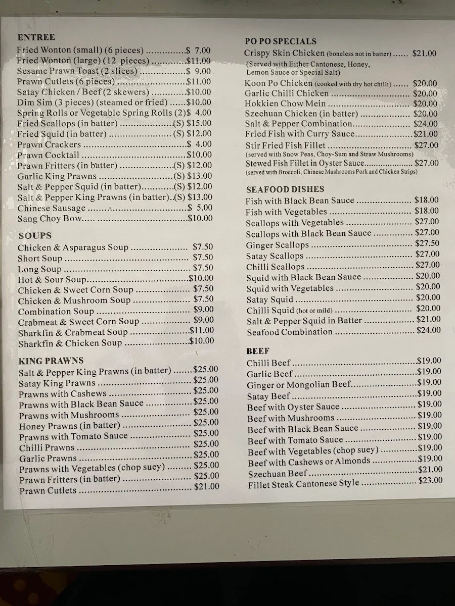 Menu, Popo Chinese Restaurant