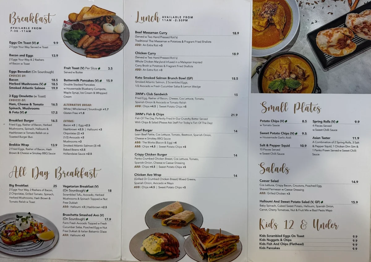 Menu, Three Wise Monkeys Cafe
