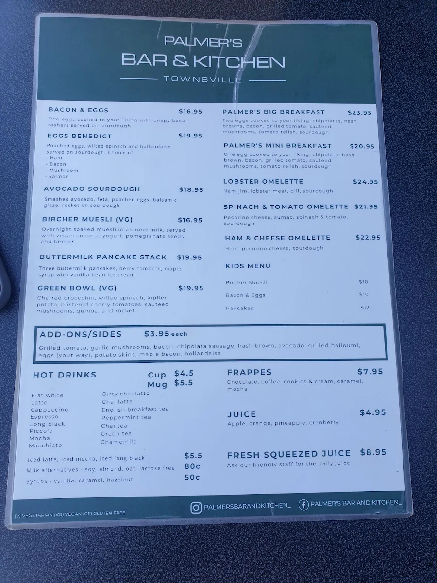 Menu, Palmer's Bar and Kitchen