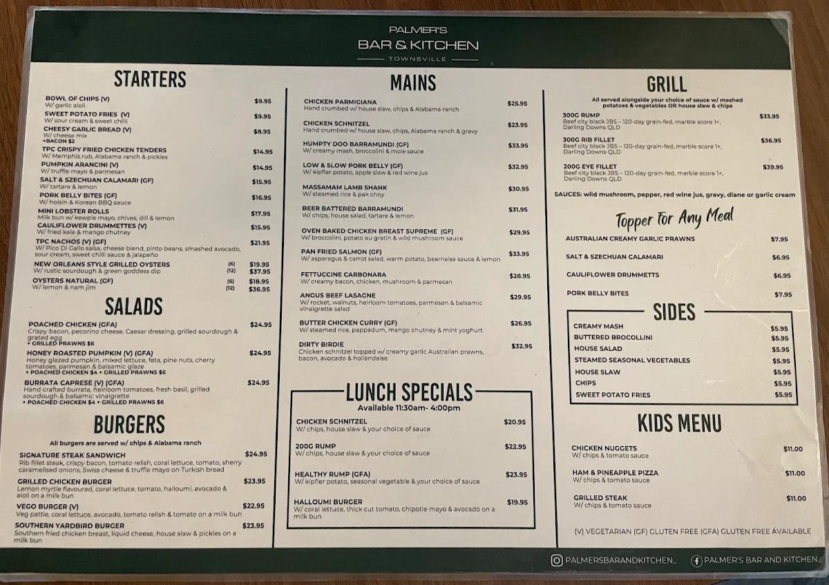 Menu, Palmer's Bar and Kitchen