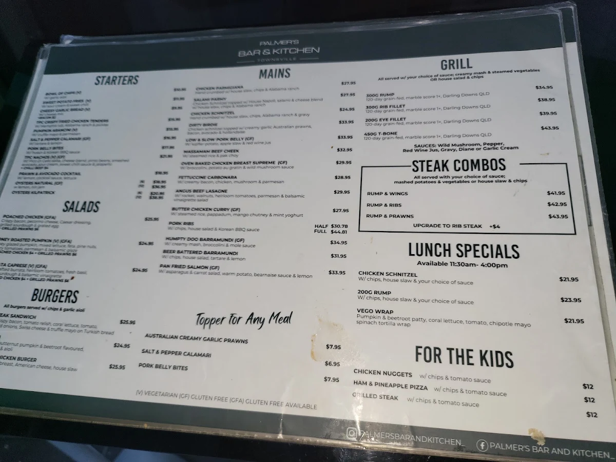 Menu, Palmer's Bar and Kitchen
