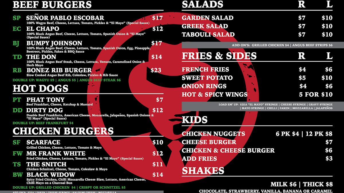 Menu, Burger Cartel - Rockdale