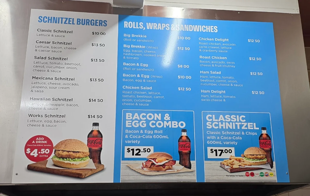 Menu, Longworth Seafood & Schnitzel