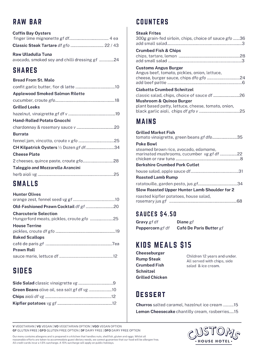 Menu, Customs House Hotel