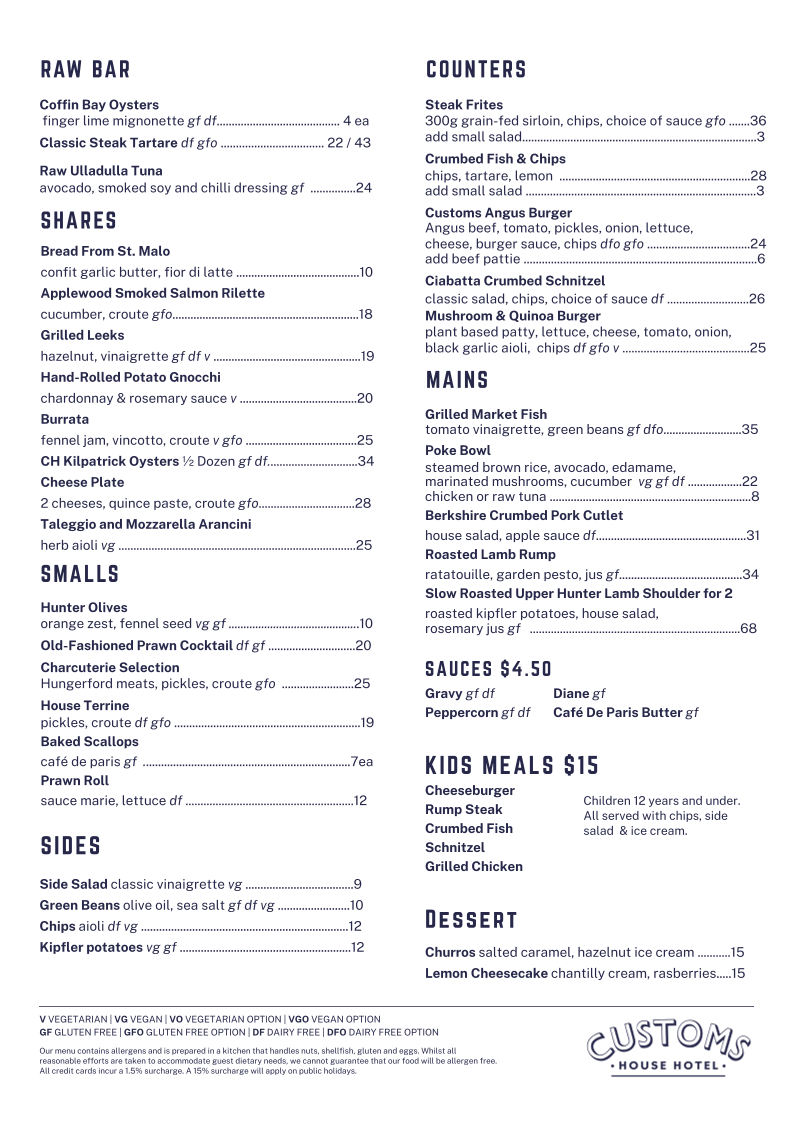 Menu, Customs House Hotel