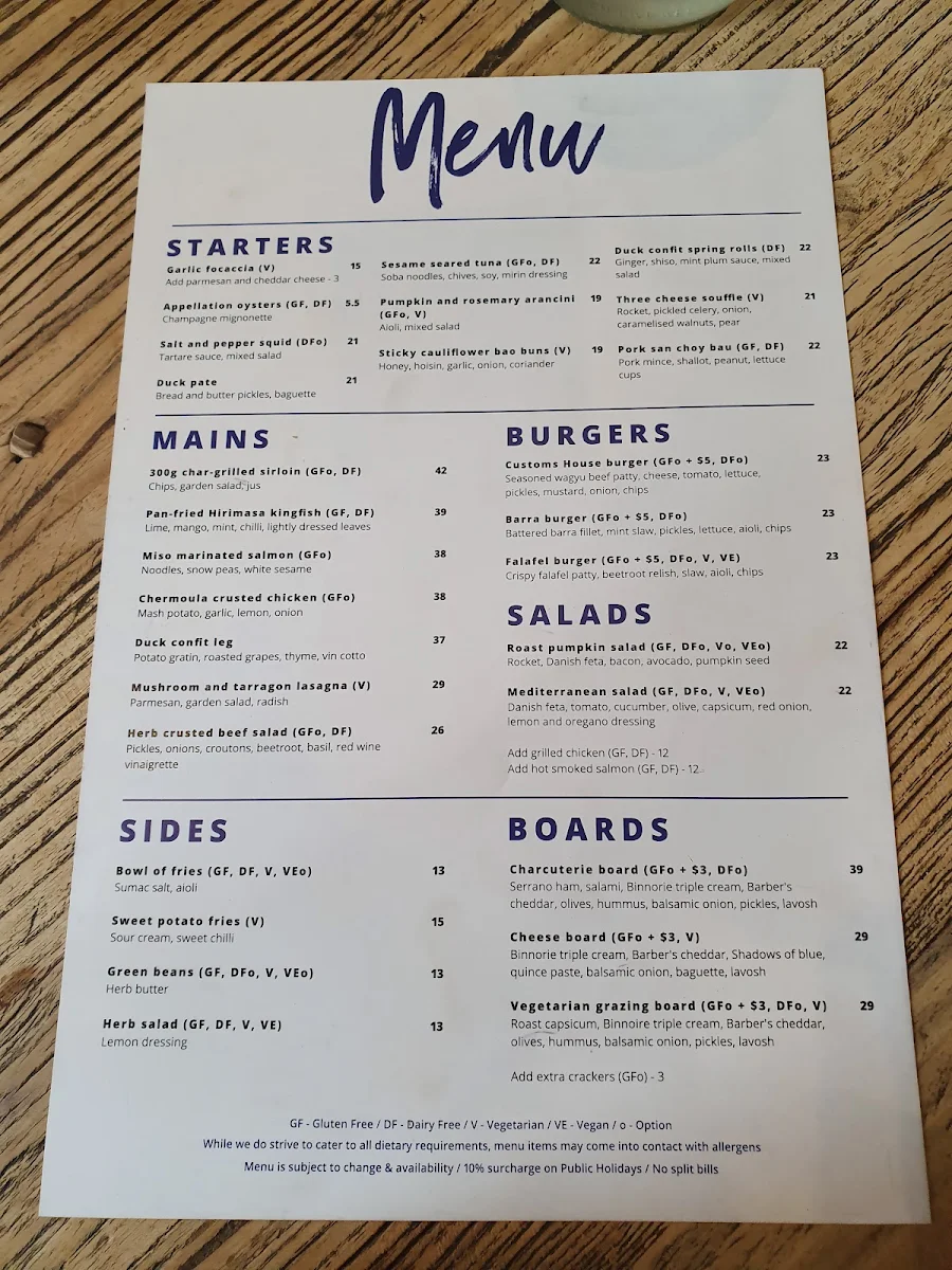 Menu, Customs House Hotel