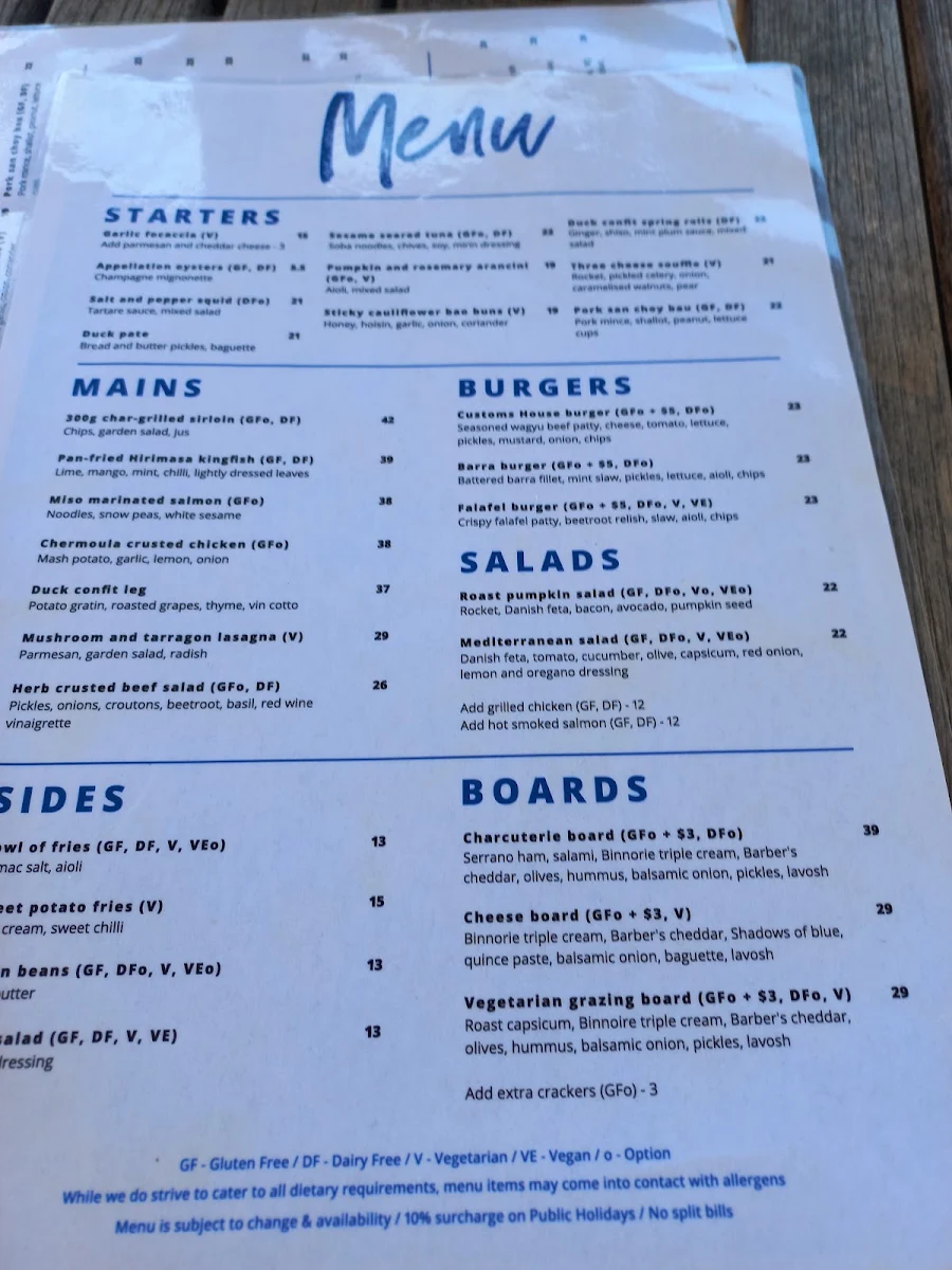 Menu, Customs House Hotel
